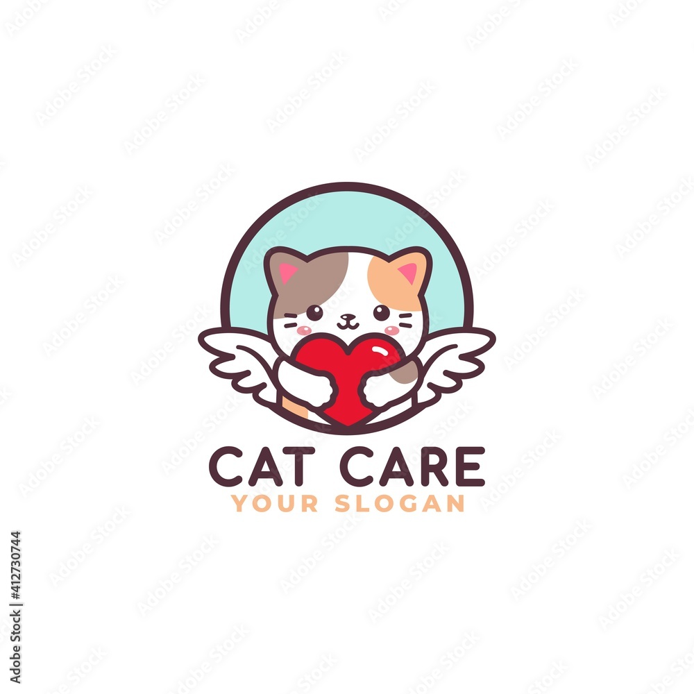 Cute Cat Hugging Heart Care Logo Mascot Baby Shop