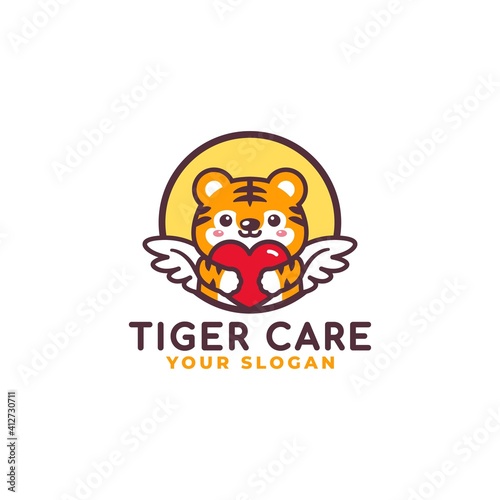 Cute Tiger Hugging Heart Care Logo Mascot Baby Shop