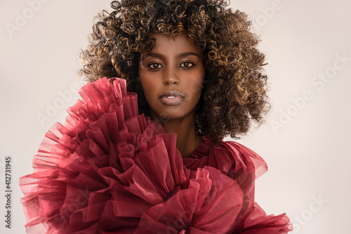 Beauty portrait of afro woman . Girl looking at camera. Elegant style. Curly hair. Brown eyes. Glamour makeup. Closeup photo.