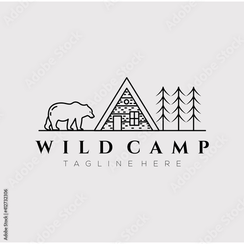 Valokuvatapetti cabin cottage camp line art logo vector illustration design