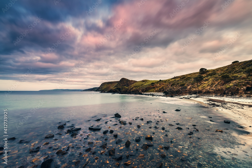 Dramatic view of Second Valley beach with rugged coastline at dusk in South Australia Dramatic view of Second Valley beach with rugged coastline at dusk in South Australia