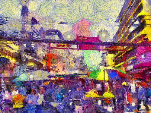 Landscape of Chinatown Yaowarat in Bangkok Illustrations creates an impressionist style of painting.