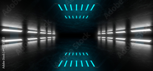 Fototapeta Naklejka Na Ścianę i Meble -  Sci Fy neon lamps in a dark tunnel. Reflections on the floor and walls. 3d rendering image.