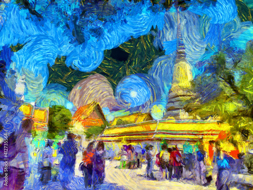 Fototapeta Naklejka Na Ścianę i Meble -  Landscape of Wat Pho Major attractions in Bangkok Illustrations creates an impressionist style of painting.