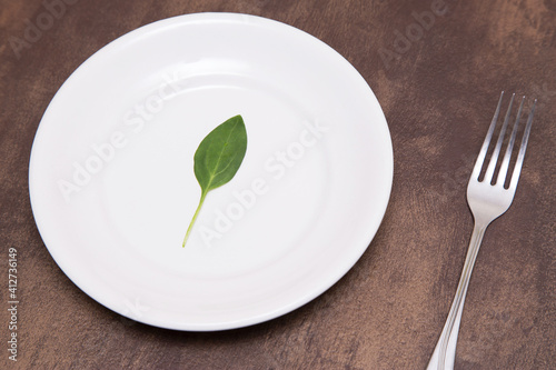 Single one spinach green leaf on white plate. Diet, fasting, vegan, vegetarian, healthy food concept