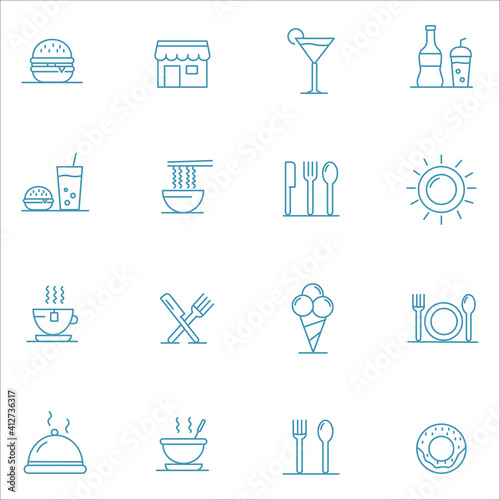 Food courts icons set. Outline set of food courts vector icons.