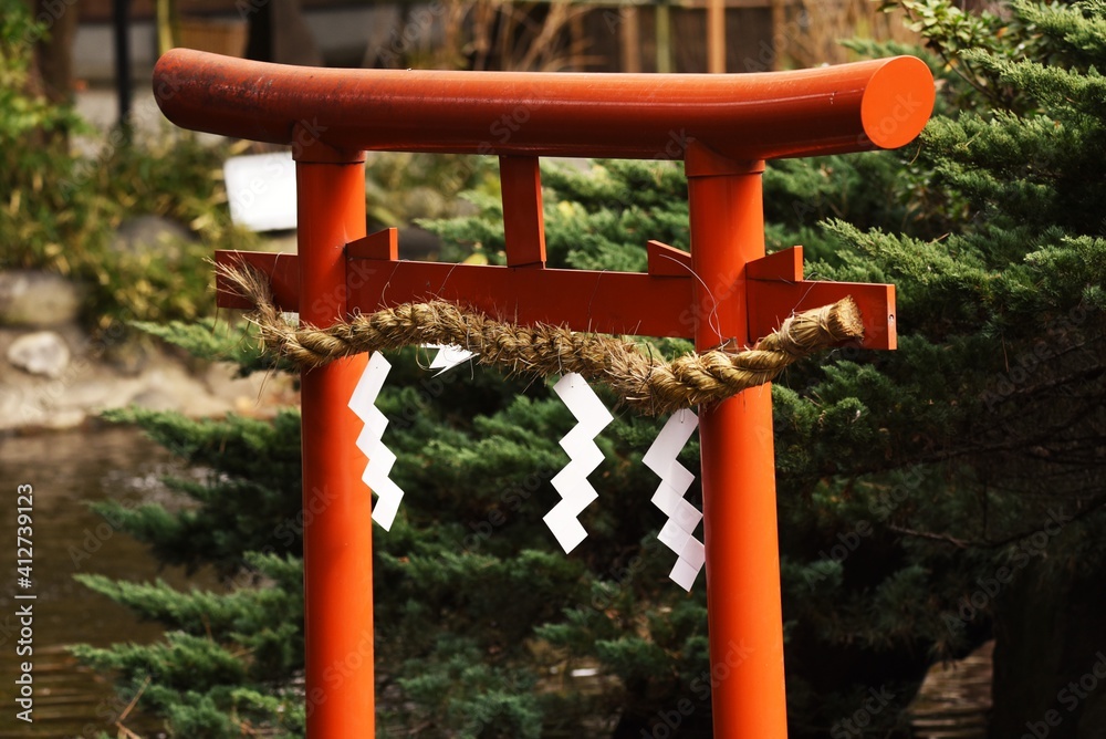 the scene of the precincts of a Japanese shrine. the scene of the precincts of a Japanese shrine.