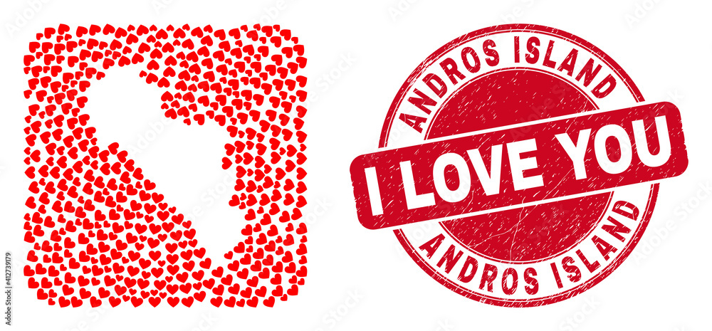 Vector mosaic Andros Island of Greece map of love heart elements and grunge love seal stamp. Vector mosaic Andros Island of Greece map of love heart elements and grunge love seal stamp.