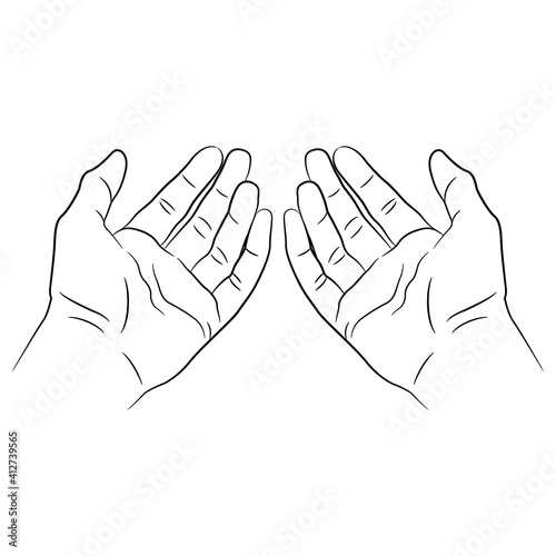 Two open human hands. Empty male palms in cupped gesture. Black and white linear silhouette. Cartoon style.