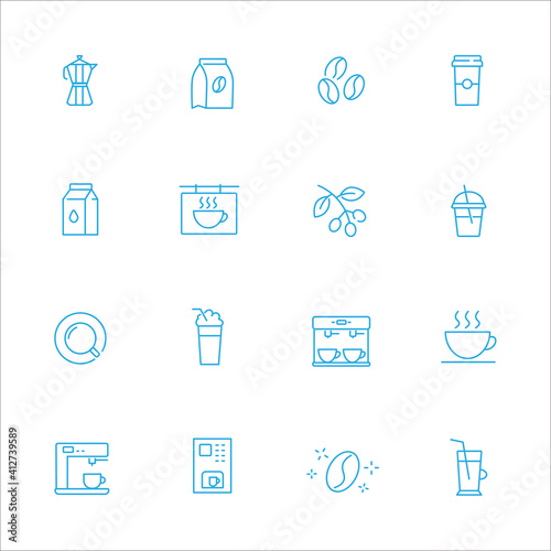 Simple coffee related vector line icons set Contains icons such as Cezve, Coffee Maker, Beans and more. Editable strokes.