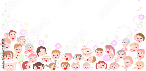 人々とピンクの花