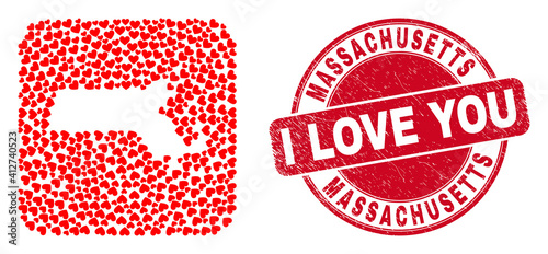 Vector mosaic Massachusetts State map of love heart elements and grunge love seal stamp. Mosaic geographic Massachusetts State map created as subtraction from rounded square shape with lovely hearts.