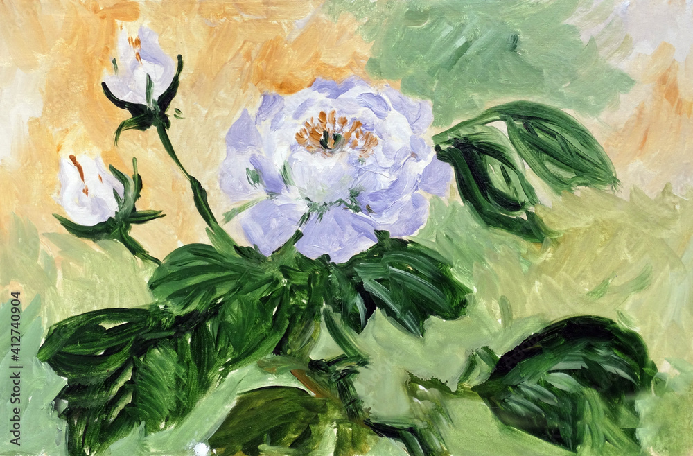 lilac peonies on a watercolor background, oil painting