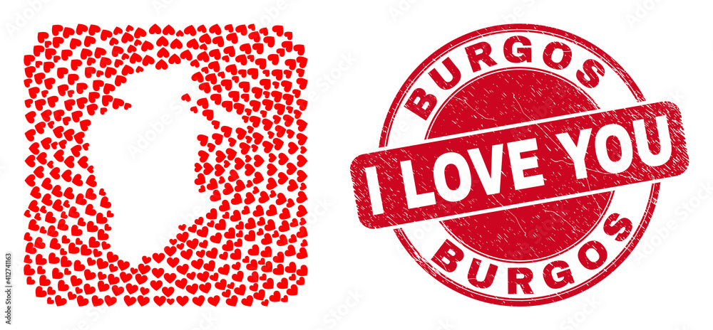 Vector mosaic Burgos Province map of valentine heart elements and grunge love seal. Mosaic geographic Burgos Province map created as hole from rounded square with lovely hearts. Vector mosaic Burgos Province map of valentine heart elements and grunge love seal. Mosaic geographic Burgos Province map created as hole from rounded square with lovely hearts.