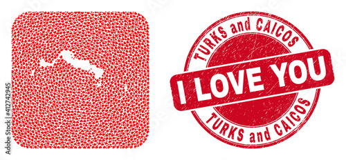 Vector collage Turks and Caicos Islands map of lovely heart elements and grunge love badge. Collage geographic Turks and Caicos Islands map created as hole from rounded square with lovely hearts.