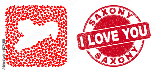 Vector mosaic Saxony Land map of love heart elements and grunge love stamp. Mosaic geographic Saxony Land map constructed as stencil from rounded square using love hearts.