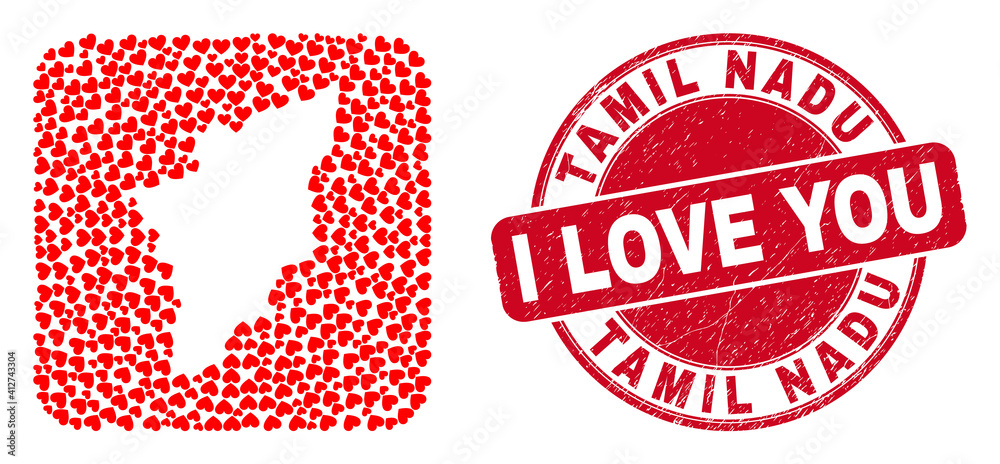Vector mosaic Tamil Nadu State map of valentine heart items and grunge love badge. Mosaic geographic Tamil Nadu State map created as subtraction from rounded square using love hearts. Vector mosaic Tamil Nadu State map of valentine heart items and grunge love badge. Mosaic geographic Tamil Nadu State map created as subtraction from rounded square using love hearts.