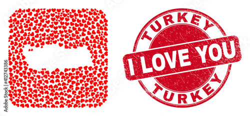 Vector mosaic Turkey map of lovely heart items and grunge love seal. Mosaic geographic Turkey map designed as carved shape from rounded square using lovely hearts.