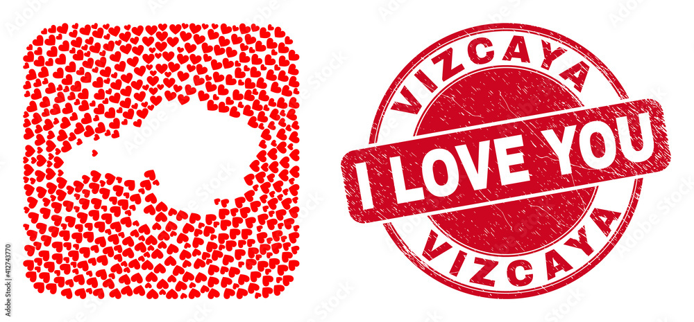 Vector collage Vizcaya Province map of valentine heart elements and grunge love seal stamp. Collage geographic Vizcaya Province map created as carved shape from rounded square with love hearts. Vector collage Vizcaya Province map of valentine heart elements and grunge love seal stamp. Collage geographic Vizcaya Province map created as carved shape from rounded square with love hearts.