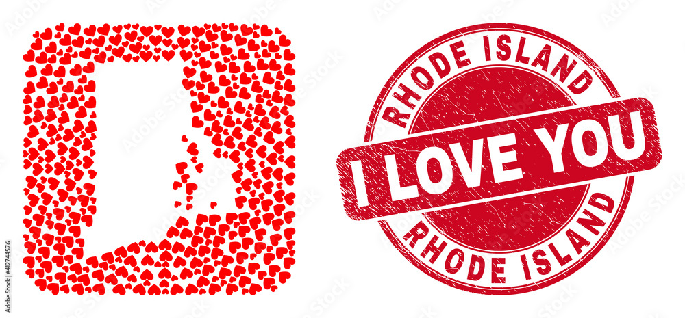 Vector mosaic Rhode Island State map of love heart items and grunge love seal stamp. Mosaic geographic Rhode Island State map designed as stencil from rounded square shape with valentine hearts. Vector mosaic Rhode Island State map of love heart items and grunge love seal stamp. Mosaic geographic Rhode Island State map designed as stencil from rounded square shape with valentine hearts.