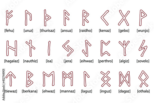 Runes set. Rune alphabet, futhark. Writing ancient Germans and Scandinavians. Mystical symbols. Esoteric, occult, magic. Fortune telling, predicting the future. Isolated. Vector illustration
