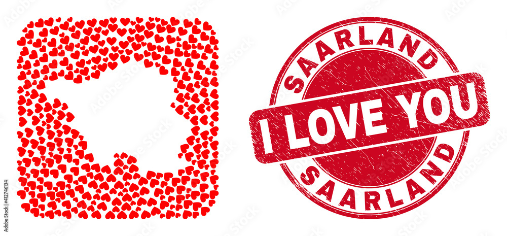 Vector mosaic Saarland Land map of lovely heart items and grunge love stamp. Mosaic geographic Saarland Land map constructed as subtraction from rounded square with love hearts. Vector mosaic Saarland Land map of lovely heart items and grunge love stamp. Mosaic geographic Saarland Land map constructed as subtraction from rounded square with love hearts.