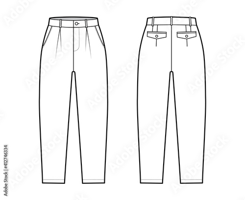 Capri pants technical fashion illustration with belt loops, calf length, single pleat, normal waist, high rise, slashed, flap pocket. Flat breeches bottom front, back white color. Women men CAD mockup