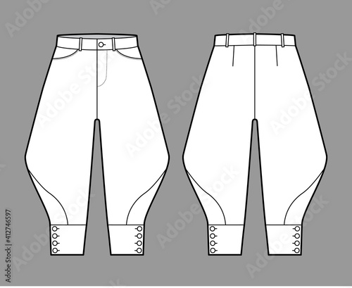 Riding breeches short pants technical fashion illustration with knee length, low waist, rise, curved pocket, buttoned. Flat bottom template front, back, white color style. Women, men CAD mockup