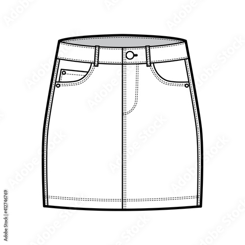 Denim skirt technical fashion illustration with mini length, low waist rise, curved and angled pockets. Flat bottom template front, white color style. Women, men, unisex CAD mockup