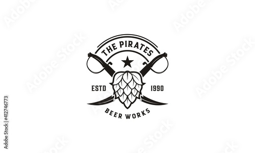 Obraz na płótnie Crossed Pirate Sword with Hops for Beer Brewery Vintage Emblem Logo Design in wh