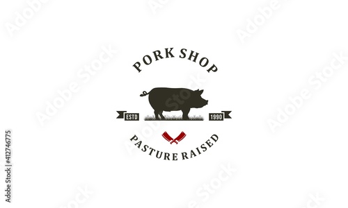logo for pork shop with illustration of a pork that is fat and has fresh and tasty meat