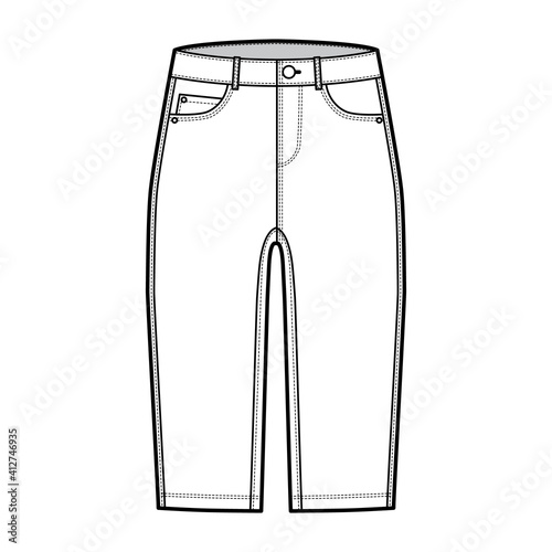 Denim short pants technical fashion illustration with knee length, low waist, rise, curved, coin, angled 5 pockets. Flat breeches bottom template front, white color style. Women, men CAD mockup