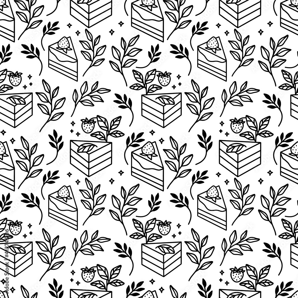 Fototapeta premium Hand drawn cake, bakery, and pastry seamless pattern with strawberry and floral leaf elements in black linear style and isolated white background for textile, fabric, paper, or gift wrapping