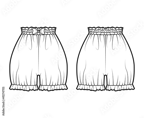 Short bloomers pants technical fashion illustration with bow, mini length, normal waist, high rise, gathered. Flat bottom apparel template front, back, white color style. Women men unisex CAD mockup