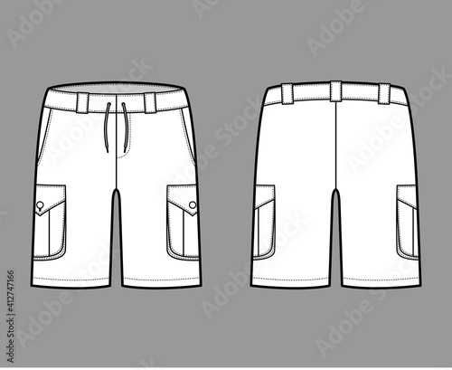 Short cargo technical fashion illustration with mid-thigh length, low waist, rise, slashed, bellows pocket, . Flat Bermuda bottom template front, back, white color style. Women, men CAD mockup