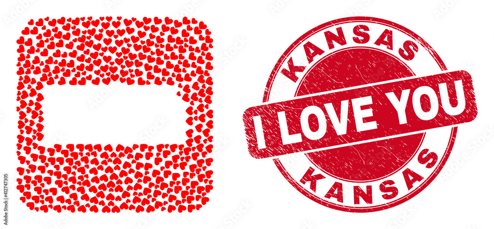Vector mosaic Kansas State map of love heart elements and grunge love stamp. Mosaic geographic Kansas State map created as stencil from rounded square with valentine hearts. Vector mosaic Kansas State map of love heart elements and grunge love stamp. Mosaic geographic Kansas State map created as stencil from rounded square with valentine hearts.