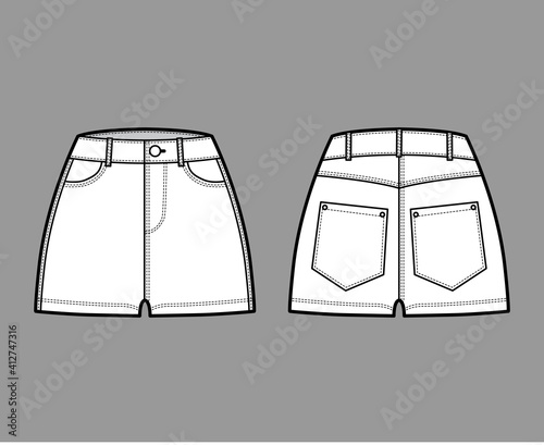 Denim hot short pants technical fashion illustration with micro length, normal waist, high rise, coin, angled 5 pockets. Flat bottom template front, back, white color style. Women, unisex CAD mockup