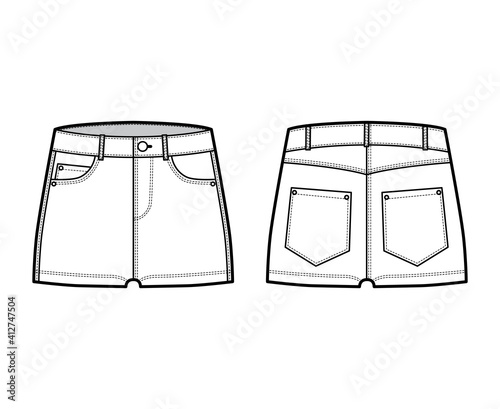 Denim hot short pants technical fashion illustration with micro length, low waist, low rise, 5 pockets. Flat bottom apparel template front, back, white color style. Women, men, unisex CAD mockup