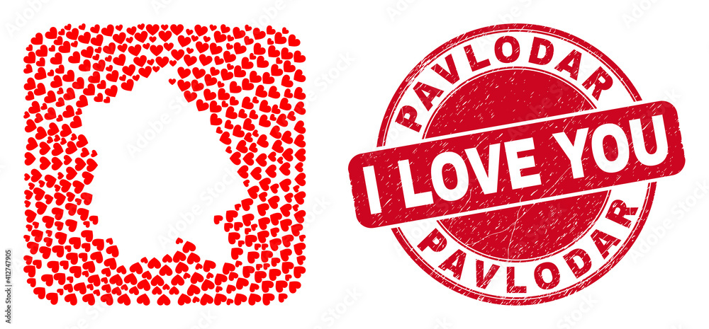 Vector mosaic Pavlodar Region map of valentine heart items and grunge love badge. Mosaic geographic Pavlodar Region map created as subtraction from rounded square using love hearts. Vector mosaic Pavlodar Region map of valentine heart items and grunge love badge. Mosaic geographic Pavlodar Region map created as subtraction from rounded square using love hearts.