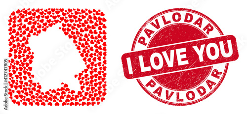 Vector mosaic Pavlodar Region map of valentine heart items and grunge love badge. Mosaic geographic Pavlodar Region map created as subtraction from rounded square using love hearts.