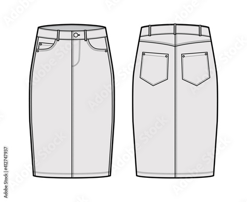 Denim pencil skirt technical fashion illustration with knee length, low waist rise, curved, coin, angled pockets. Flat bottom template front, back, grey color style. Women, men, unisex CAD mockup