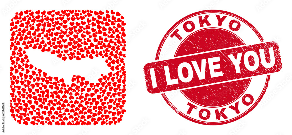 Vector mosaic Tokyo Prefecture map of lovely heart items and grunge love seal stamp. Mosaic geographic Tokyo Prefecture map created as hole from rounded square with lovely hearts. Vector mosaic Tokyo Prefecture map of lovely heart items and grunge love seal stamp. Mosaic geographic Tokyo Prefecture map created as hole from rounded square with lovely hearts.