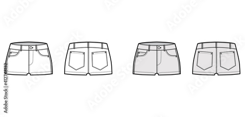 Denim hot short technical fashion illustration with micro length, curved, coin, angled 5 pockets, low rise waist. Flat bottom apparel template front, back, white grey color style. Women men CAD mockup