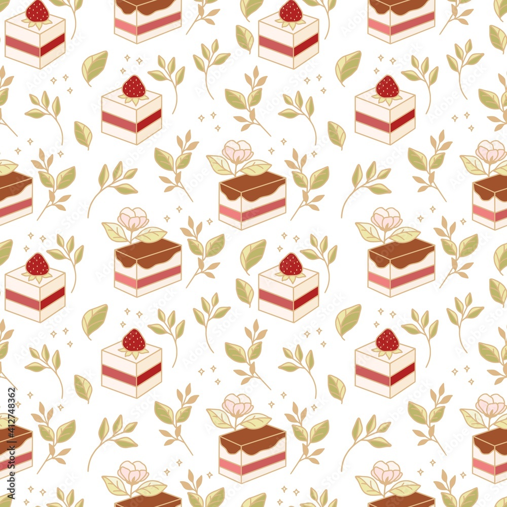 Hand drawn colorful cake, bakery, and pastry seamless pattern with strawberry and floral leaf elements in cute cartoon style and isolated white background for textile, fabric, paper, or gift wrapping Hand drawn colorful cake, bakery, and pastry seamless pattern with strawberry and floral leaf elements in cute cartoon style and isolated white background for textile, fabric, paper, or gift wrapping