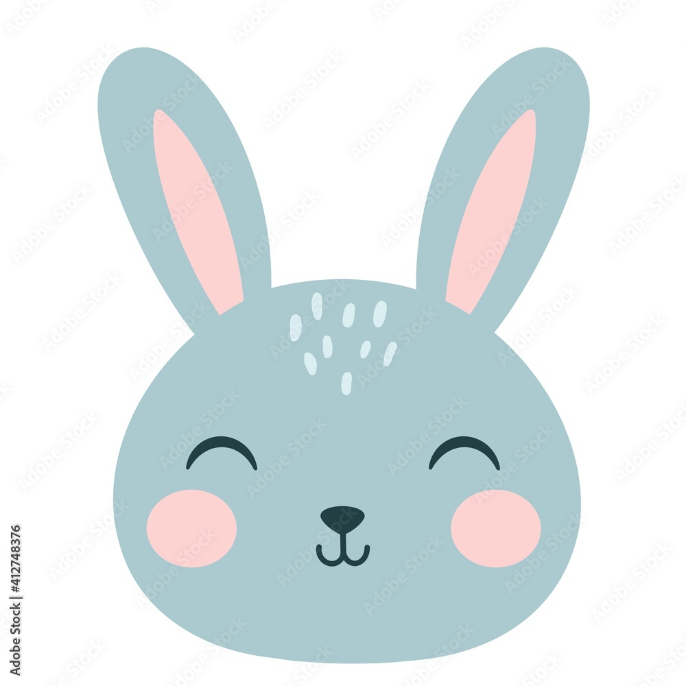 face of baby easter bunny. cute blue bunny boy. childrens easter illustration isolated on white background.