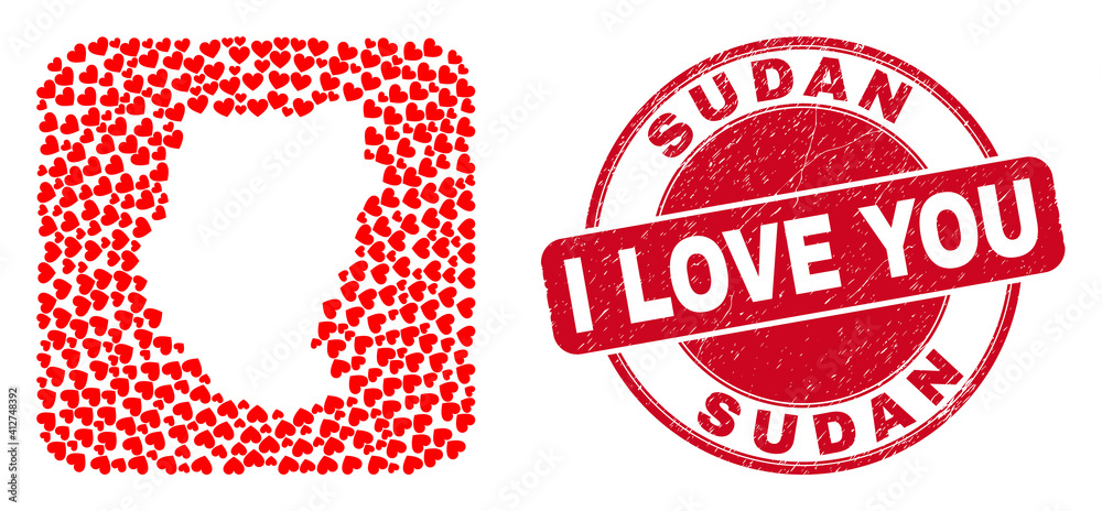 Vector mosaic Sudan map of lovely heart items and grunge love stamp. Mosaic geographic Sudan map designed as carved shape from rounded square shape with love hearts. Vector mosaic Sudan map of lovely heart items and grunge love stamp. Mosaic geographic Sudan map designed as carved shape from rounded square shape with love hearts.