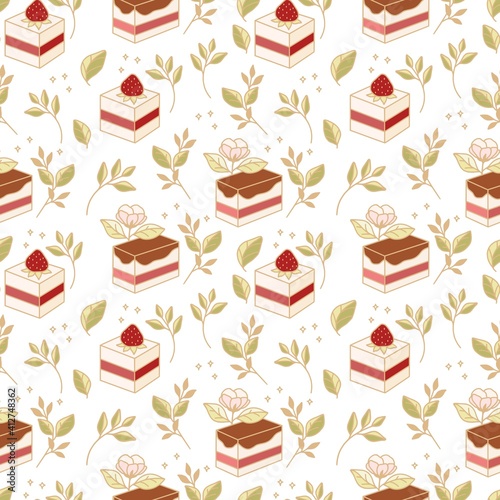 Hand drawn colorful cake  bakery  and pastry seamless pattern with strawberry and floral leaf elements in cute cartoon style and isolated white background for textile  fabric  paper  or gift wrapping