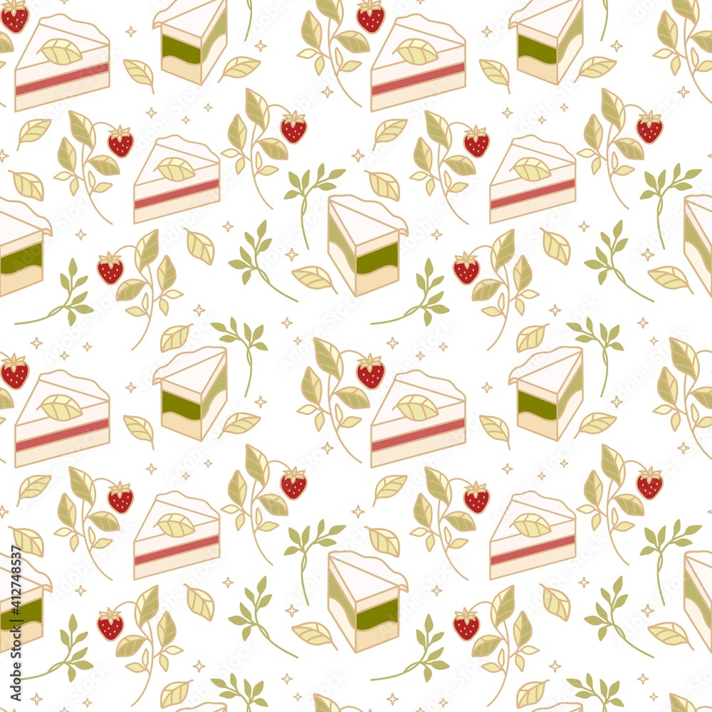 Hand drawn colorful cake, bakery, and pastry seamless pattern with strawberry and floral leaf elements in black linear style and isolated white background for textile, fabric, paper, or gift wrapping Hand drawn colorful cake, bakery, and pastry seamless pattern with strawberry and floral leaf elements in black linear style and isolated white background for textile, fabric, paper, or gift wrapping