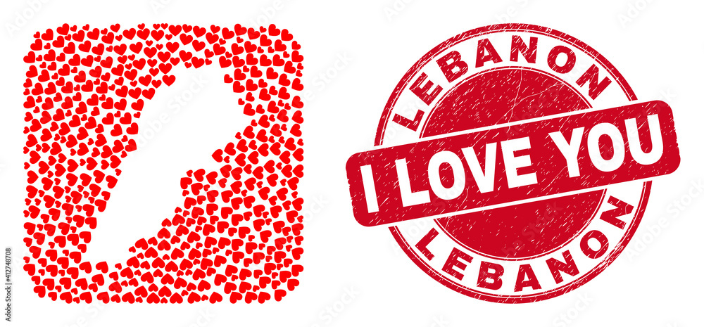 Vector collage Lebanon map of valentine heart items and grunge love seal. Collage geographic Lebanon map created as subtraction from rounded square shape with love hearts. Vector collage Lebanon map of valentine heart items and grunge love seal. Collage geographic Lebanon map created as subtraction from rounded square shape with love hearts.