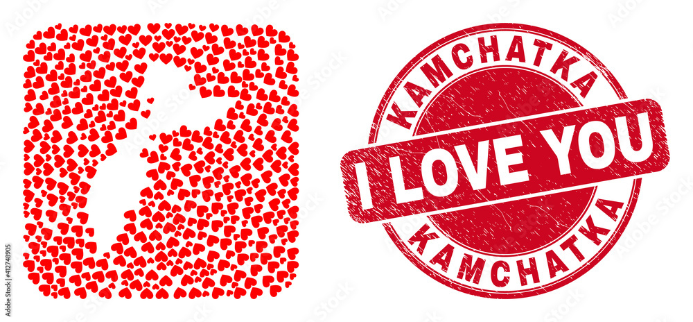 Vector mosaic Kamchatka map of lovely heart elements and grunge love seal stamp. Mosaic geographic Kamchatka map constructed as subtraction from rounded square with lovely hearts.